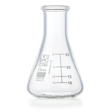 Flask, Erlenmeyer, Globe Glass, 25mL, Narrow Mouth, Dual Graduations, ASTM E1404, 12/Box - CS/48