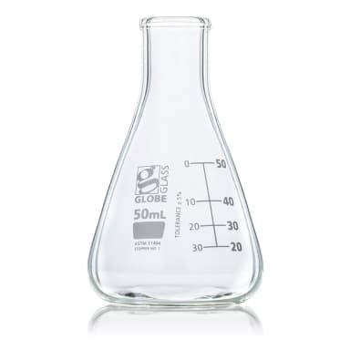 Flask, Erlenmeyer, Globe Glass, 50mL, Narrow Mouth, Dual Graduations, ASTM E1404, 12/Box - CS/48