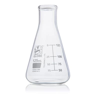 Flask, Erlenmeyer, Globe Glass, 125mL, Narrow Mouth, Dual Graduations, ASTM E1404, 12/Box - CS/48