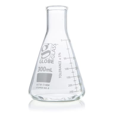 Flask, Erlenmeyer, Globe Glass, 300mL, Narrow Mouth, Dual Graduations, ASTM E1404, 12/Box - CS/48
