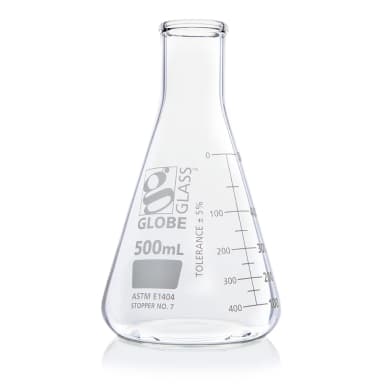 Flask, Erlenmeyer, Globe Glass, 500mL, Narrow Mouth, Dual Graduations, ASTM E1404, 6/Box - CS/36