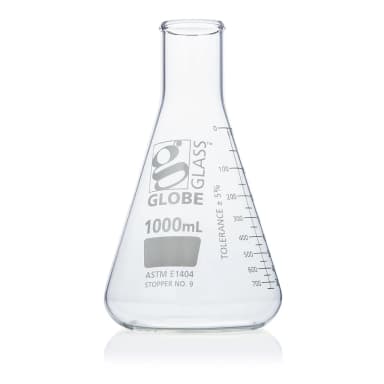 Flask, Erlenmeyer, Globe Glass, 1000mL, Narrow Mouth, Dual Graduations, ASTM E1404, 6/Box - CS/24