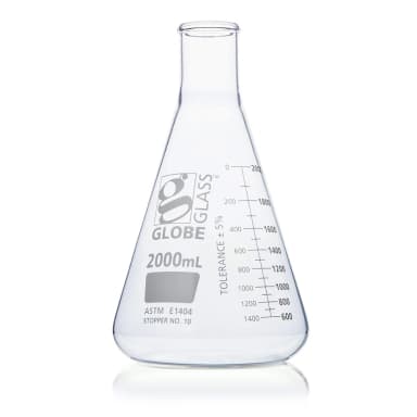 Flask, Erlenmeyer, Globe Glass, 2000mL, Narrow Mouth, Dual Graduations, ASTM E1404, 4/Box - CS/8