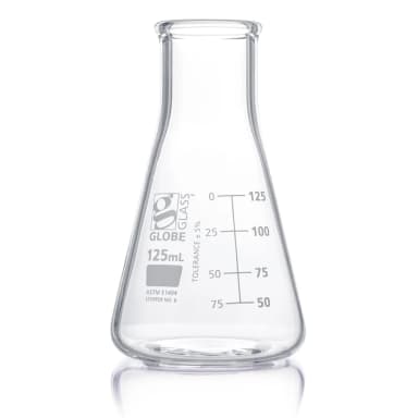 Flask, Erlenmeyer, Globe Glass, 125mL, Wide Mouth, Dual Graduations, ASTM E1404, 12/Box - CS/48
