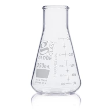 Flask, Erlenmeyer, Globe Glass, 250mL, Wide Mouth, Dual Graduations, ASTM E1404, 12/Box - CS/48