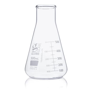 Flask, Erlenmeyer, Globe Glass, 500mL, Wide Mouth, Dual Graduations, ASTM E1404, 6/Box - CS/36