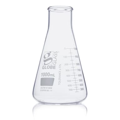 Flask, Erlenmeyer, Globe Glass, 1000mL, Wide Mouth, Dual Graduations, ASTM E1404, 6/Box - CS/24