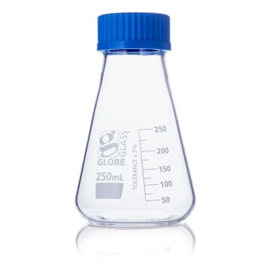 Flask, Erlenmeyer, Globe Glass, 250mL, Screw Cap, Dual Graduations, ASTM E1404, 6/Box - CS/12