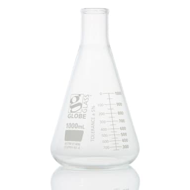 Flask, Erlenmeyer, Globe Glass, 1000mL, Heavy Duty, Narrow Mouth, Dual Graduations, ASTM E1406, 1/Box