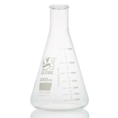 Flask, Erlenmeyer, Globe Glass, 4000mL, Heavy Duty, Narrow Mouth, Dual Graduations, ASTM E1406, 1/Box