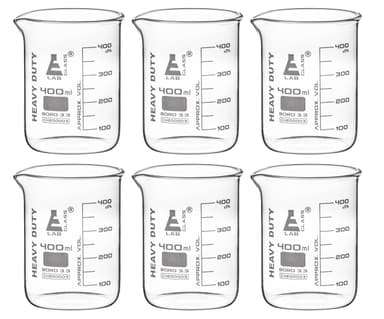 6PK Heavy Duty Beakers, 400ml - 5mm Thick, Uniform Walls - Superior Durability & Chemical Resistance - White Graduations - Borosilicate 3.3 Glass