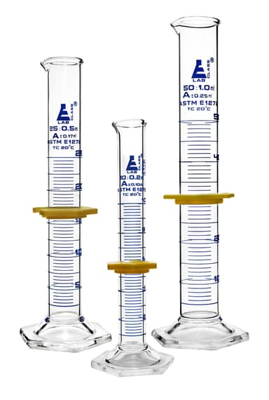Premium Measuring Cylinder Set - 10ml, 25ml & 50ml - ASTM, Class A - Protective Collars, Hexagonal Base - Blue Graduations - Borosilicate 3.3 Glass