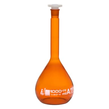 Volumetric Flask, 1000ml - Class A - 24/29 Polypropylene Stopper, Borosilicate Glass, Amber - White Graduation Mark, Tolerance ±0.400 ml