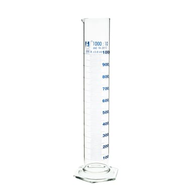 Graduated Cylinder, 1000ml - Class A Tolerance ±5.00ml - Hexagonal Base - Blue Graduations - Borosilicate 3.3 Glass