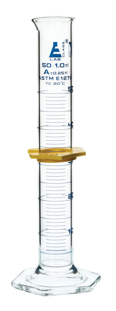 Measuring Cylinder, 50mL - ASTM, Class A Tolerance ±0.25mL - Protective Collar, Hexagonal Base - Blue Graduations - Borosilicate 3.3 Glass
