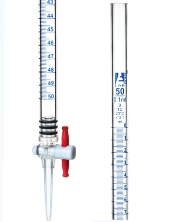 50mL Acrylic Burette - Class B - 0.1mL Blue Graduations - With PTFE Key Stopcock