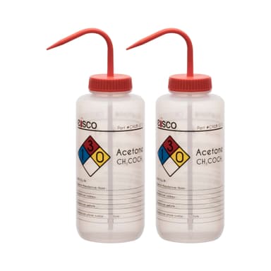 2PK Wash Bottle for Acetone, 1000ml - Labeled with Color Coded Chemical & Safety Information (4 Colors) - Wide Mouth, Self Venting, Low Density Polyethylene