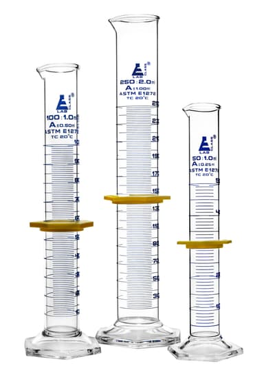 Premium Measuring Cylinder Set - 50ml, 100ml & 250ml - ASTM, Class A - Protective Collars, Hexagonal Base - Blue Graduations - Borosilicate 3.3 Glass