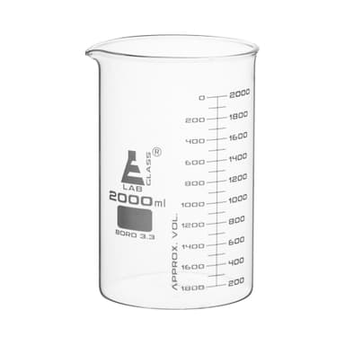 Beaker, 2000ml - ASTM - Low Form with Spout - Dual Scale, White Graduations - Borosilicate 3.3 Glass