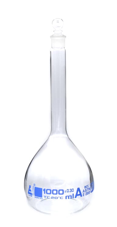 Volumetric Flask, 1000mL - Class A, ASTM - Tolerance ±0.300 mL - Glass Stopper - Single, Blue Graduation