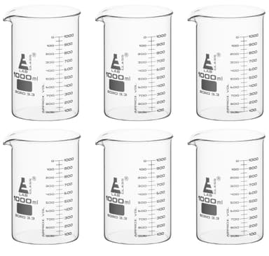 Beaker, 1000ml - ASTM - Low Form with Spout - Dual Scale, White Graduations - Borosilicate 3.3 Glass