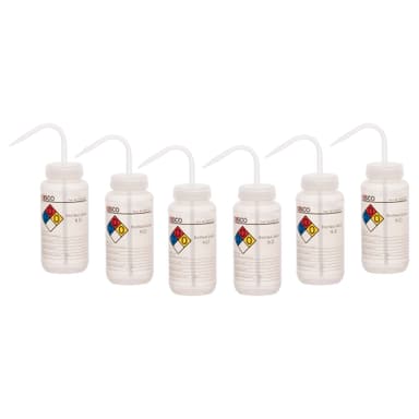 6PK Wash Bottle for Distilled Water, 500ml - Labeled with Color Coded Chemical & Safety Information (4 Colors) - Wide Mouth, Self Venting, Low Density Polyethylene