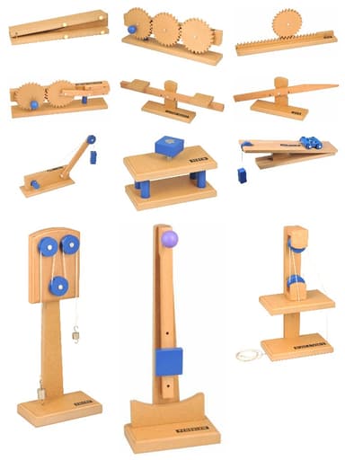 Simple Machines, Complete Set of 12 - Inclined Plane, Gear Train Model, Pulley Model, Pendulum, Wedge, Gear Rack, Motion Converter, Fulcrum Balance, Simple Lever, Wheel & Axle Model, Screw, Block & Tackle (copy)