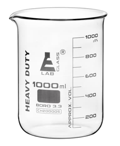 Heavy Duty Beaker, 1000ml - 5mm Thick, Uniform Walls - Superior Durability & Chemical Resistance - White Graduations - Borosilicate 3.3 Glass
