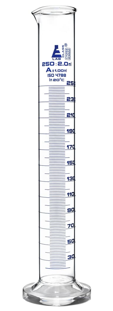 Graduated Cylinder, 250ml - Class A Tolerance ±1.00ml - Round Base - Blue Graduations - Borosilicate 3.3 Glass