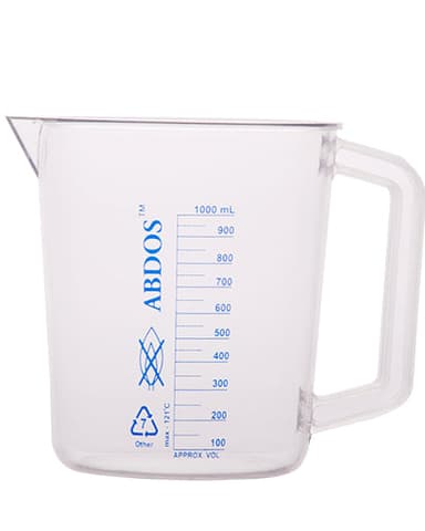 Abdos Printed Beakers with Handle, TPX Polymethyl Pentene (PMP) 1,000 mL, 4/CS