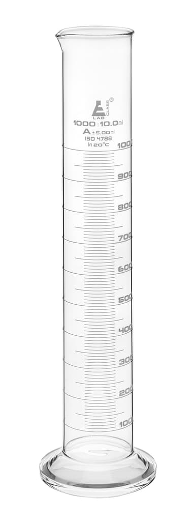 Graduated Cylinder, 1000ml - Class A Tolerance ±5.00ml - Round Base - White Graduations - Borosilicate 3.3 Glass