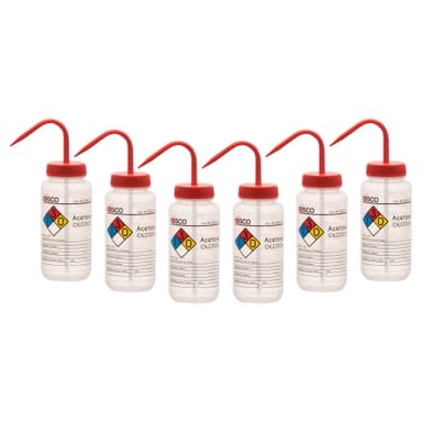 6PK Wash Bottle for Acetone, 500ml - Labeled with Color Coded Chemical & Safety Information (4 Colors) - Wide Mouth, Self Venting, Low Density Polyethylene