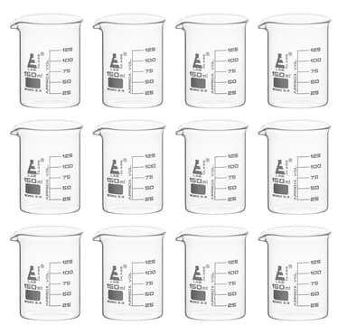 12 Pack Beakers, 150ml - Borosilicate Glass, Low form - 125ml Graduations
