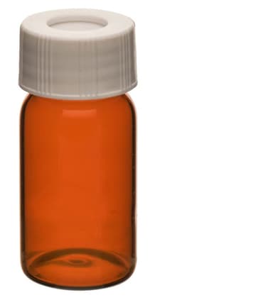 VOA/TOC Amber Vials, 20mL - 100/PK - Borosilicate Glass - ASTM/USP Type I, Class B - PP Caps with PTFE Septa - Shrink-Wrapped - Pre-Assembled