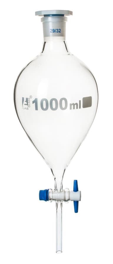 Squibb Separating Funnel, 1000ml - 29/32 Plastic Stopper, PTFE Key Stopcock, Ungraduated - Borosilicate Glass