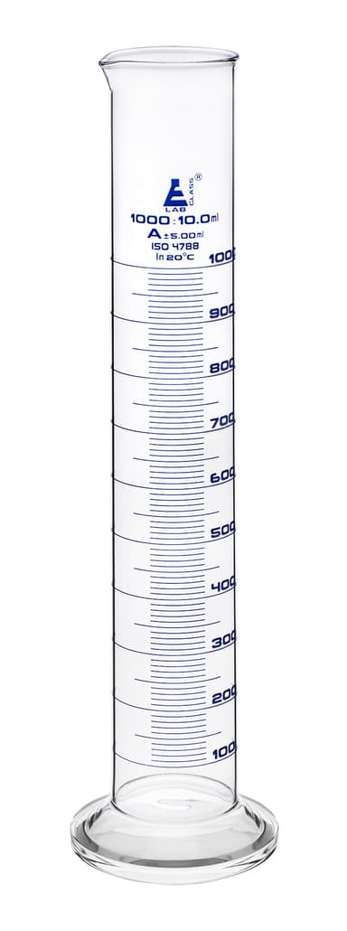 Graduated Cylinder, 1000ml - Class A Tolerance ±5.00ml - Round Base - Blue Graduations - Borosilicate 3.3 Glass