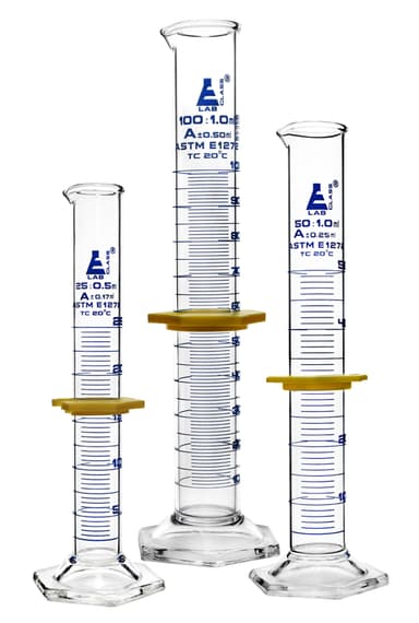 Premium Measuring Cylinder Set - 25ml, 50ml & 100ml - ASTM, Class A - Protective Collars, Hexagonal Base - Blue Graduations - Borosilicate 3.3 Glass