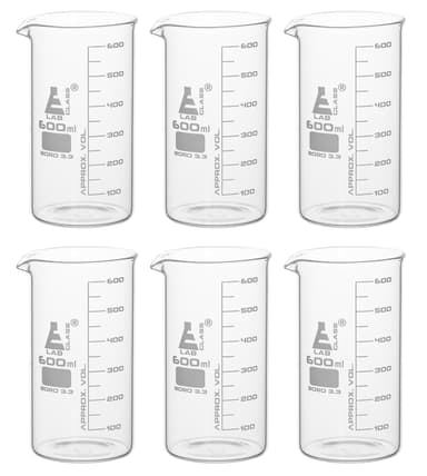 6PK Beakers, 600ml - Tall Form with Spout - White, 50ml Graduations - Borosilicate 3.3 Glass