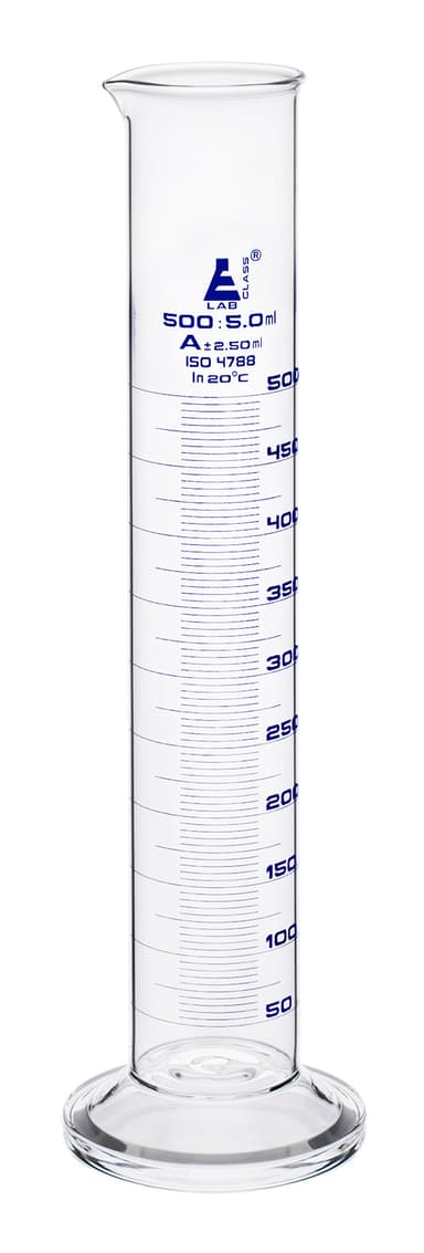 Graduated Cylinder, 500ml - Class A Tolerance ±2.50ml - Round Base - Blue Graduations - Borosilicate 3.3 Glass